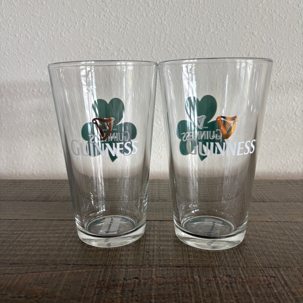 Guinness Pint Glass Set of 2Green Shamrock Harp Logo Beer Pub 16oz